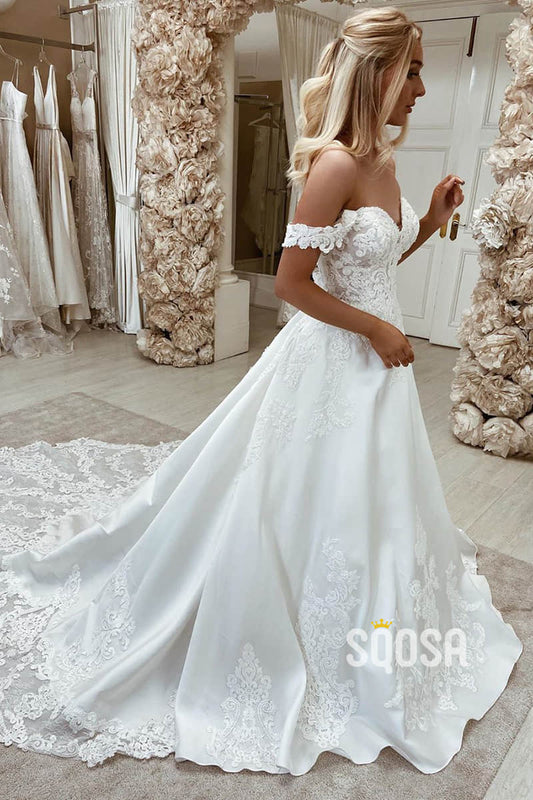 Unique Off-Shoulder Exquisite Lace Appliques A-line Wedding Dress with Court Train QW2557|SQOSA