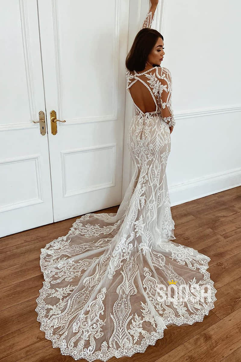 Plunging V-neck Exquisite Champagne Lace Wedding Dress Long Sleeves Wedding Gown QW2558|SQOSA