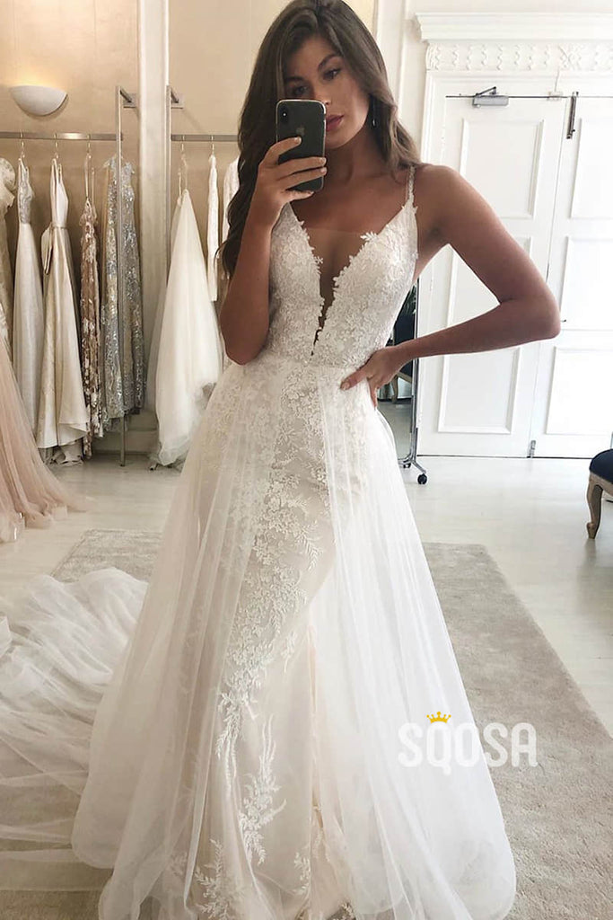 Plunging V-neck Spaghetti Straps Lace Wedding Dress Bridal Gown QW2559|SQOSA