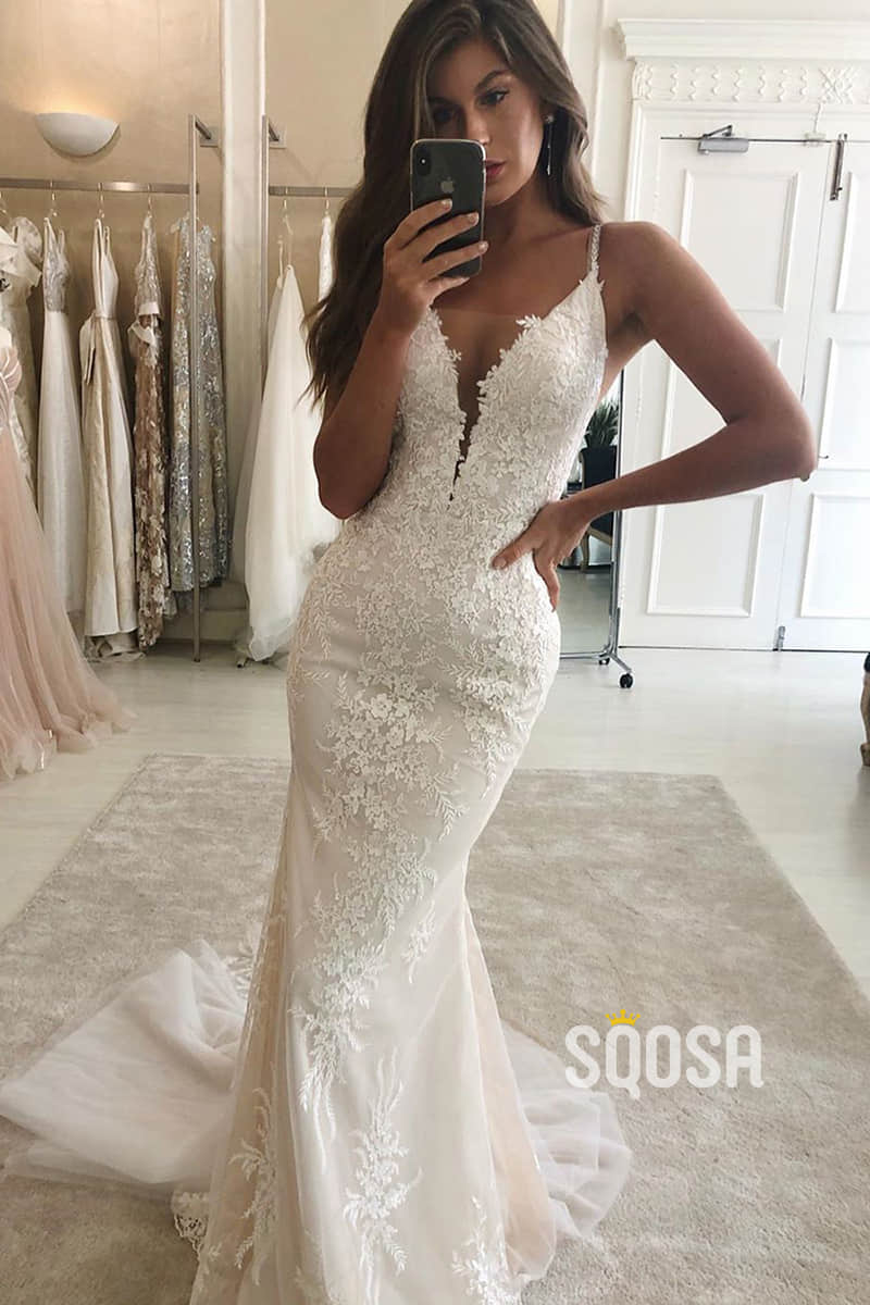 Plunging V-neck Spaghetti Straps Lace Wedding Dress Bridal Gown QW2559|SQOSA