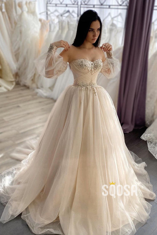 Sweetheart Tulle Appliques Ballgown Wedding Dress with Sleeves QW2614|SQOSA