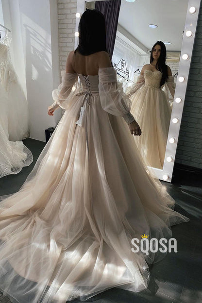 Sweetheart Tulle Appliques Ballgown Wedding Dress with Sleeves QW2614|SQOSA
