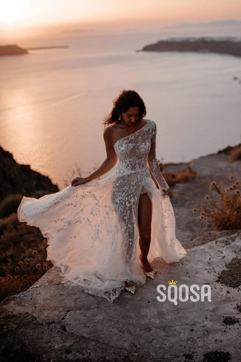 Unique One Shoulder Allover Lace Bohemian Wedding Dress with Split QW2633|SQOSA