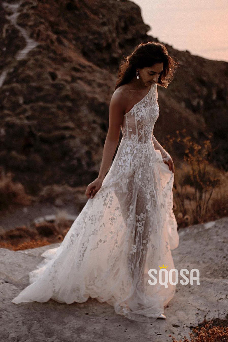 Unique One Shoulder Allover Lace Bohemian Wedding Dress with Split QW2633|SQOSA