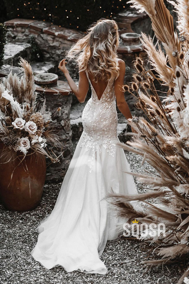 Plunging V-neck Lace Appliques Mermaid Wedding Dress Bridal Gown QW2635|SQOSA