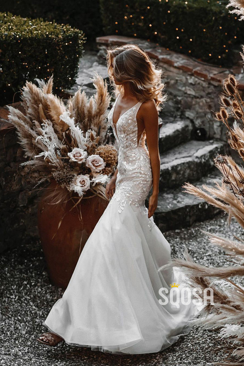 Plunging V-neck Lace Appliques Mermaid Wedding Dress Bridal Gown QW2635|SQOSA