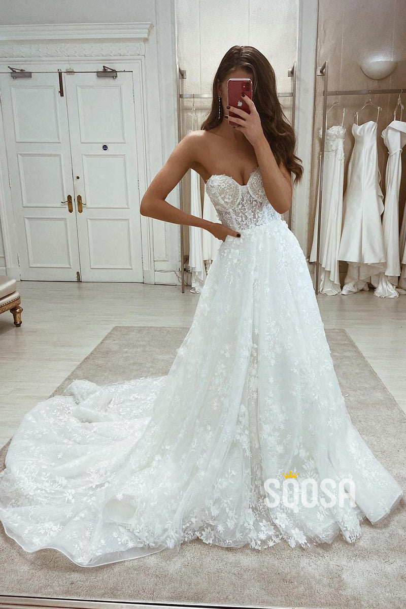 Allover Lace Wedding Dress with Detachable Sleeves QW2639|SQOSA