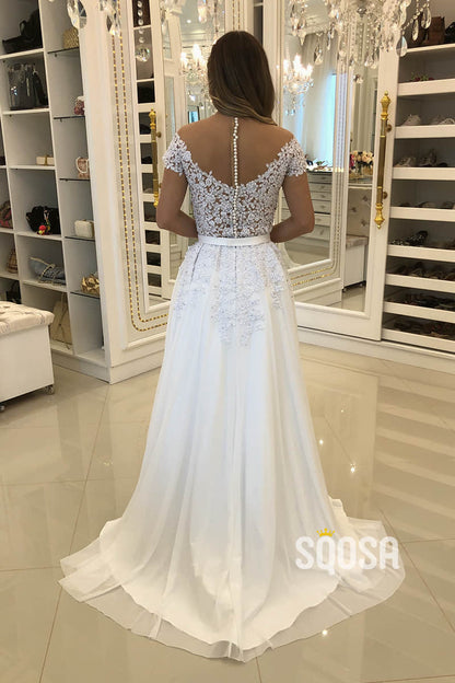 A-line Cap Sleeves Chiffon Appliques Beaded Wedding Dress Bridal Gown QW2222|SQOSA