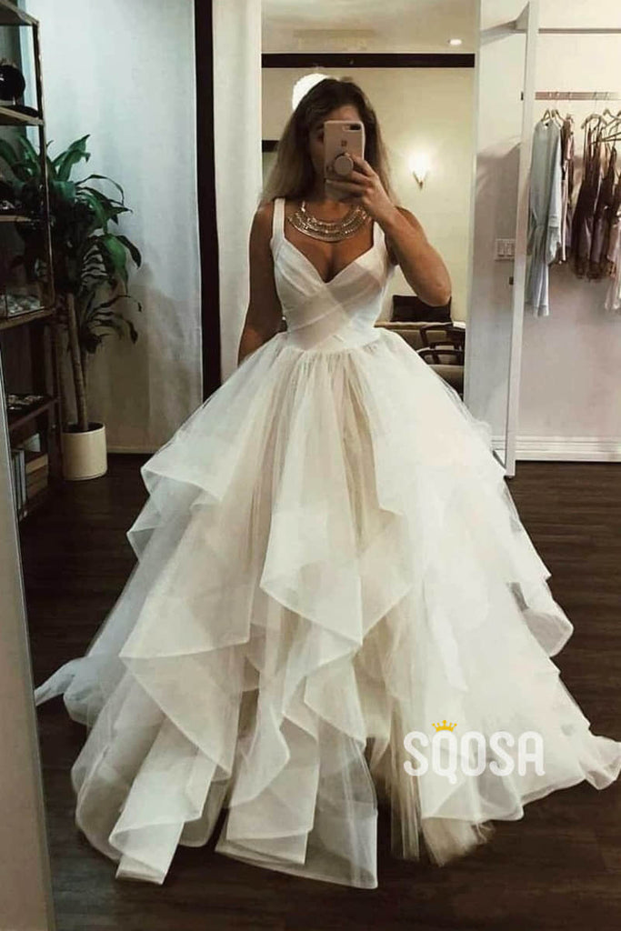 Ball Gown Double Straps V-neck Rustic Wedding Dress Bridal Gown QW2223|SQOSA