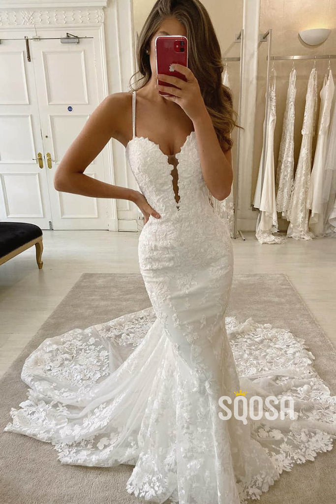 Mermaid/Trumpet Spaghetti Straps Lace Appliques Rustic Wedding Dress Bridal Gown QW2240|SQOSA
