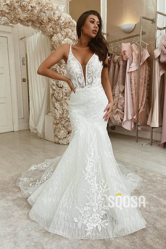 Mermaid/Trumpet Wedding Dress Attractive V-neck Appliques Lace Wedding Gown QW2241|SQOSA