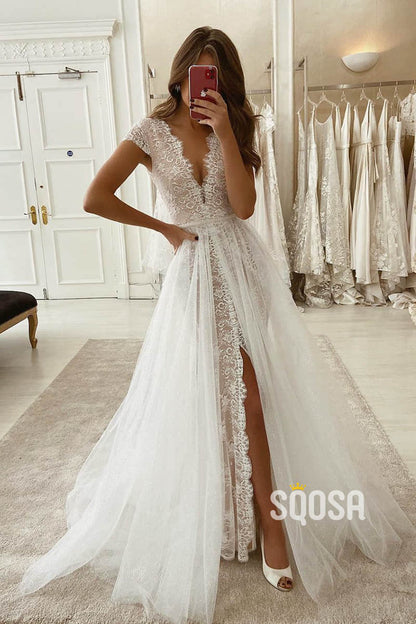 A-line Unique Cap Sleeves V-neck High Split Lace Wedding Dress Bohemian Wedding Gown QW2442|SQOSA