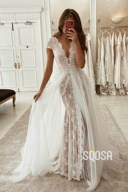 A-line Unique Cap Sleeves V-neck High Split Lace Wedding Dress Bohemian Wedding Gown QW2442|SQOSA