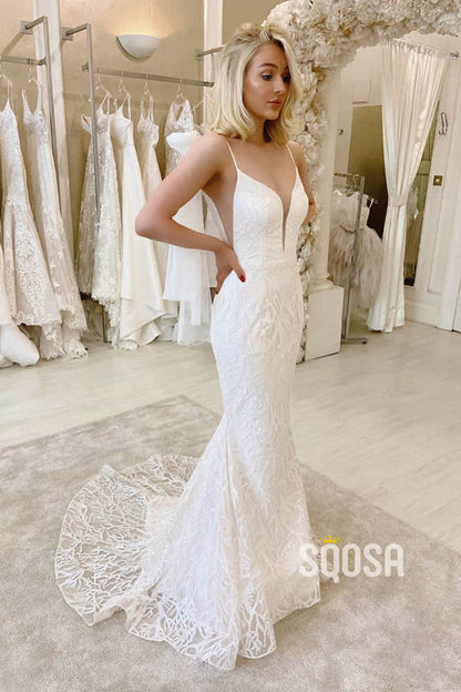 Mermaid/Trumpet Wedding Dress Spaghetti Straps V-neck Lace Wedding Gown QW2243|SQOSA