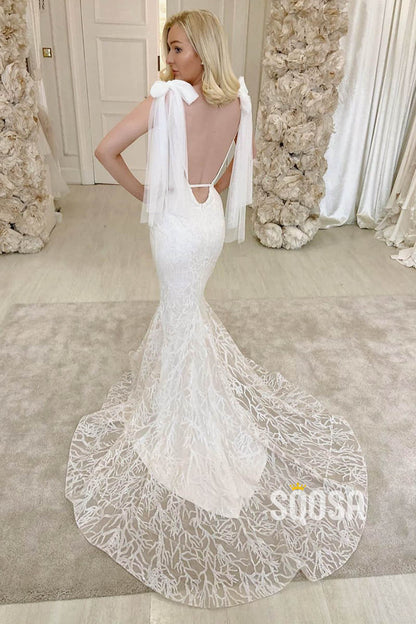 Mermaid/Trumpet Wedding Dress Spaghetti Straps V-neck Lace Wedding Gown QW2243|SQOSA