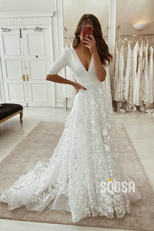 A-line Attractive V-neck Half Sleeves Lace Wedding Dress Rustic Wedding Gown QW2244|SQOSA