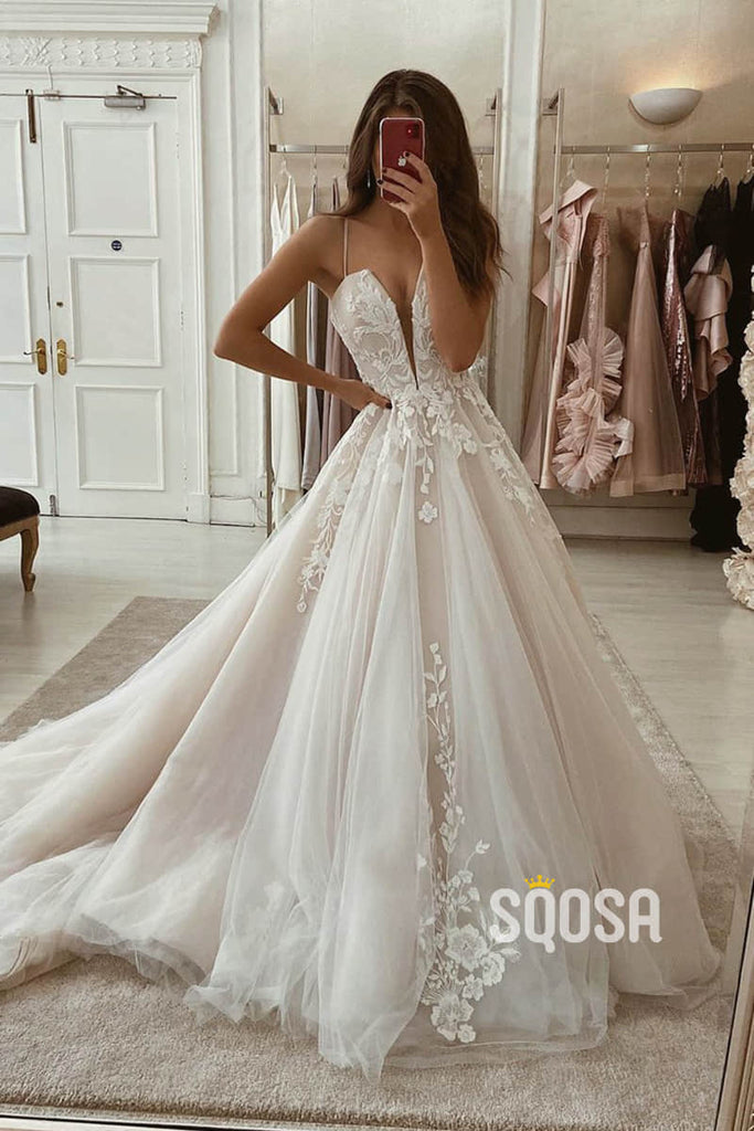 A-Line Spaghetti Straps Tulle Appliques Rustic Wedding Dress Bridal Gown QW2245|SQOSA