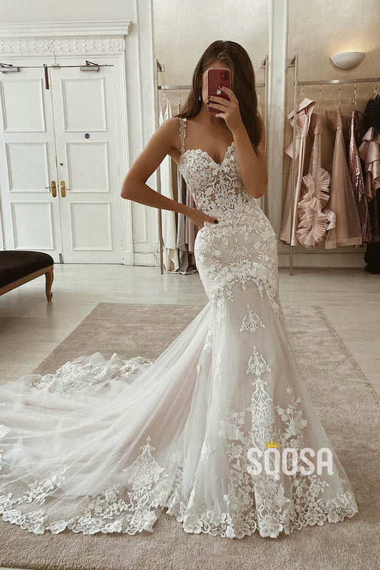 Mermaid/Trumpet Wedding Dress Spaghetti Straps Appliques Rustic Wedding Gown QW2246|SQOSA