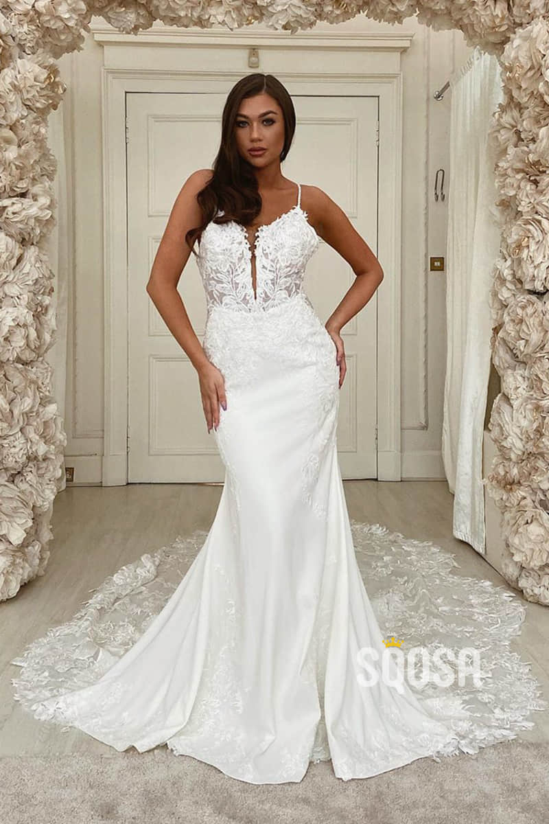 Mermaid/Trumpet Wedding Dress Spaghetti Straps Lace Appliques Rustic Wedding Gown QW2247|SQOSA