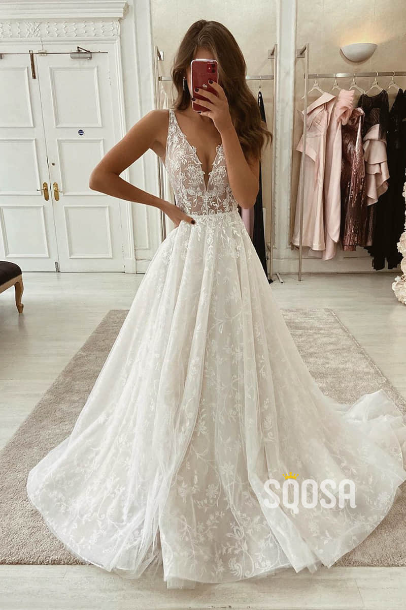 A-line V-neck Lace Wedding Dress Rustic Wedding Gown with Sweep Train QW2248|SQOSA