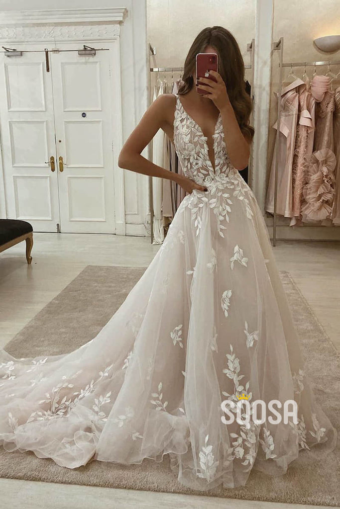 A-line Attractive V-neck Lace Appliques Rustic Wedding Dress Bridal Gown QW2250|SQOSA
