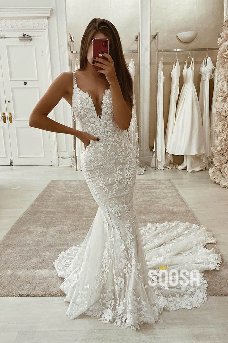 Mermaid/Trumpet Wedding DressDouble Straps V-neck Lace Wedding Gown QW2251|SQOSA