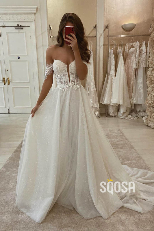 A-line Unique Off-Shoulder Appliques Rustic Wedding Dress Bridal Gown QW2252|SQOSA