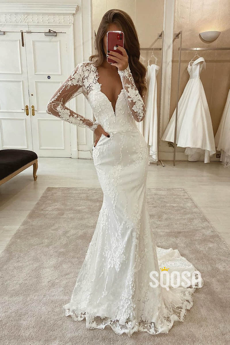 Mermaid/Trumpet Wedding Dress V-neck Illusion Long Sleeves Lace Wedding Gown QW2257|SQOSA