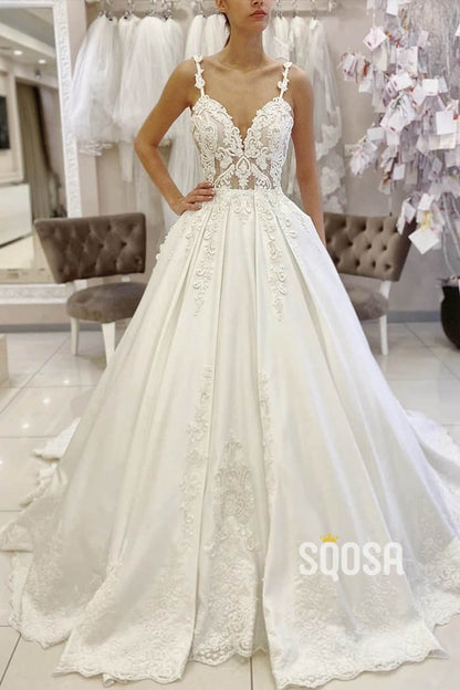 Ball Gown Spaghetti Straps Satin Appliques Rustic Wedding Dress Bridal Gown QW2258|SQOSA