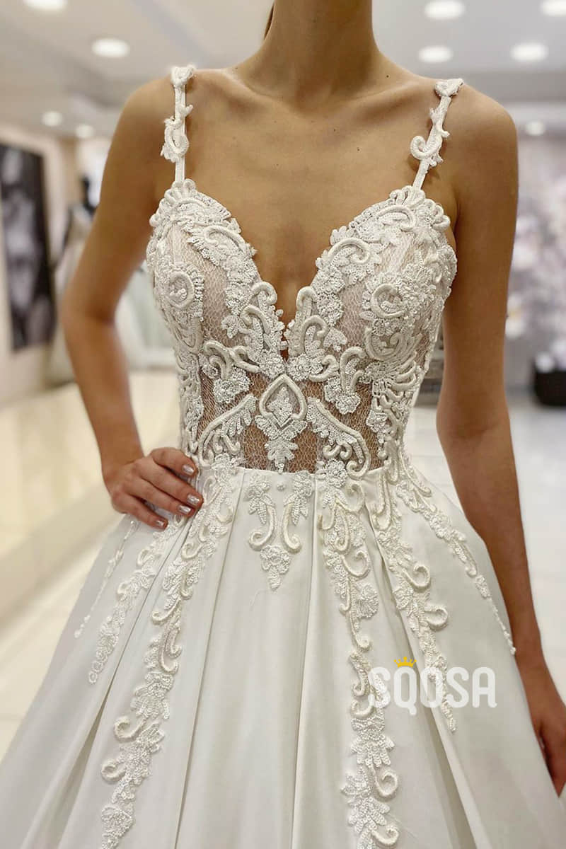 Ball Gown Spaghetti Straps Satin Appliques Rustic Wedding Dress Bridal Gown QW2258|SQOSA