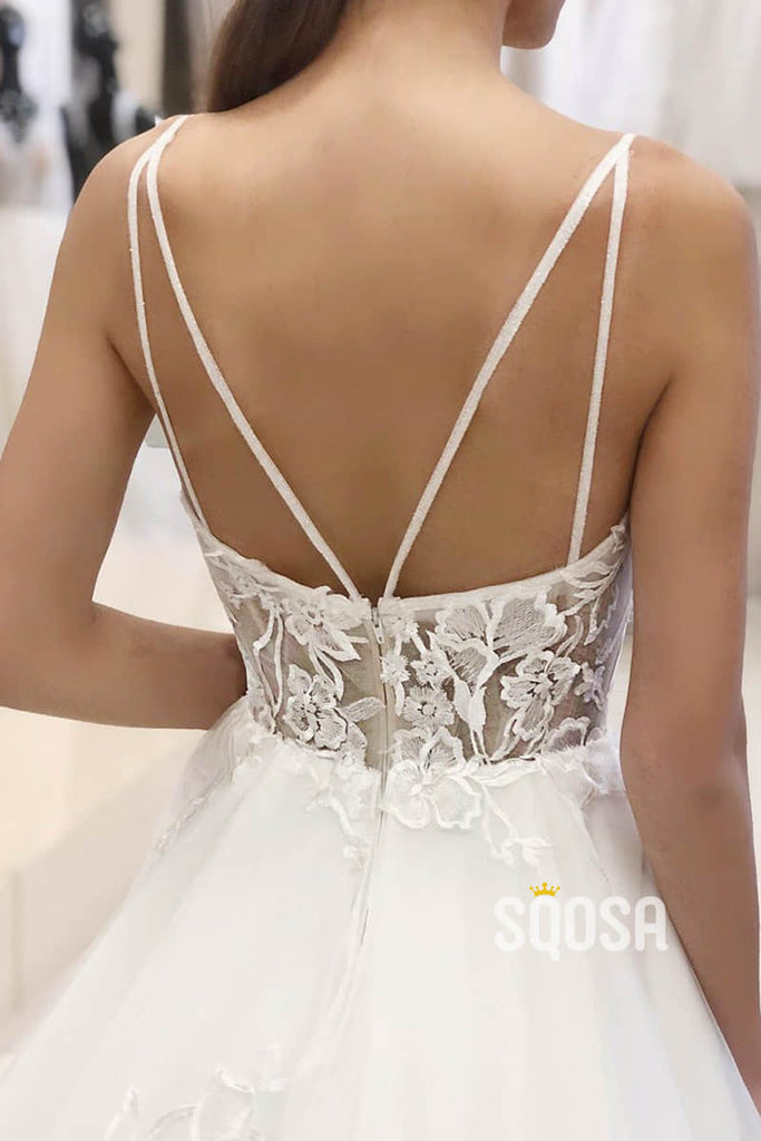 A-Line Spaghetti Straps Tulle Appliques Rustic Wedding Dress QW2259|SQOSA