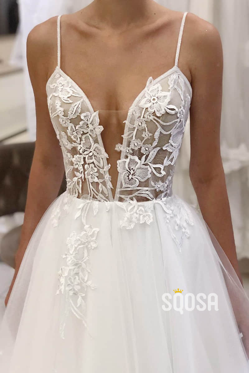 A-Line Spaghetti Straps Tulle Appliques Rustic Wedding Dress QW2259