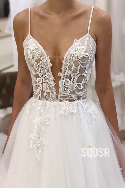 A-Line Spaghetti Straps Tulle Appliques Rustic Wedding Dress QW2259