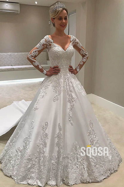 A-line Chic Illusion Long Sleeves Satin Appliques Rustic Wedding Dress with Detachable Train QW2260|SQOSA
