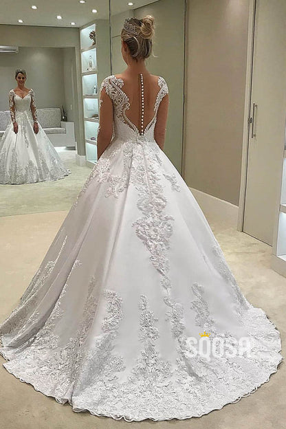 A-line Chic Illusion Long Sleeves Satin Appliques Rustic Wedding Dress with Detachable Train QW2260|SQOSA