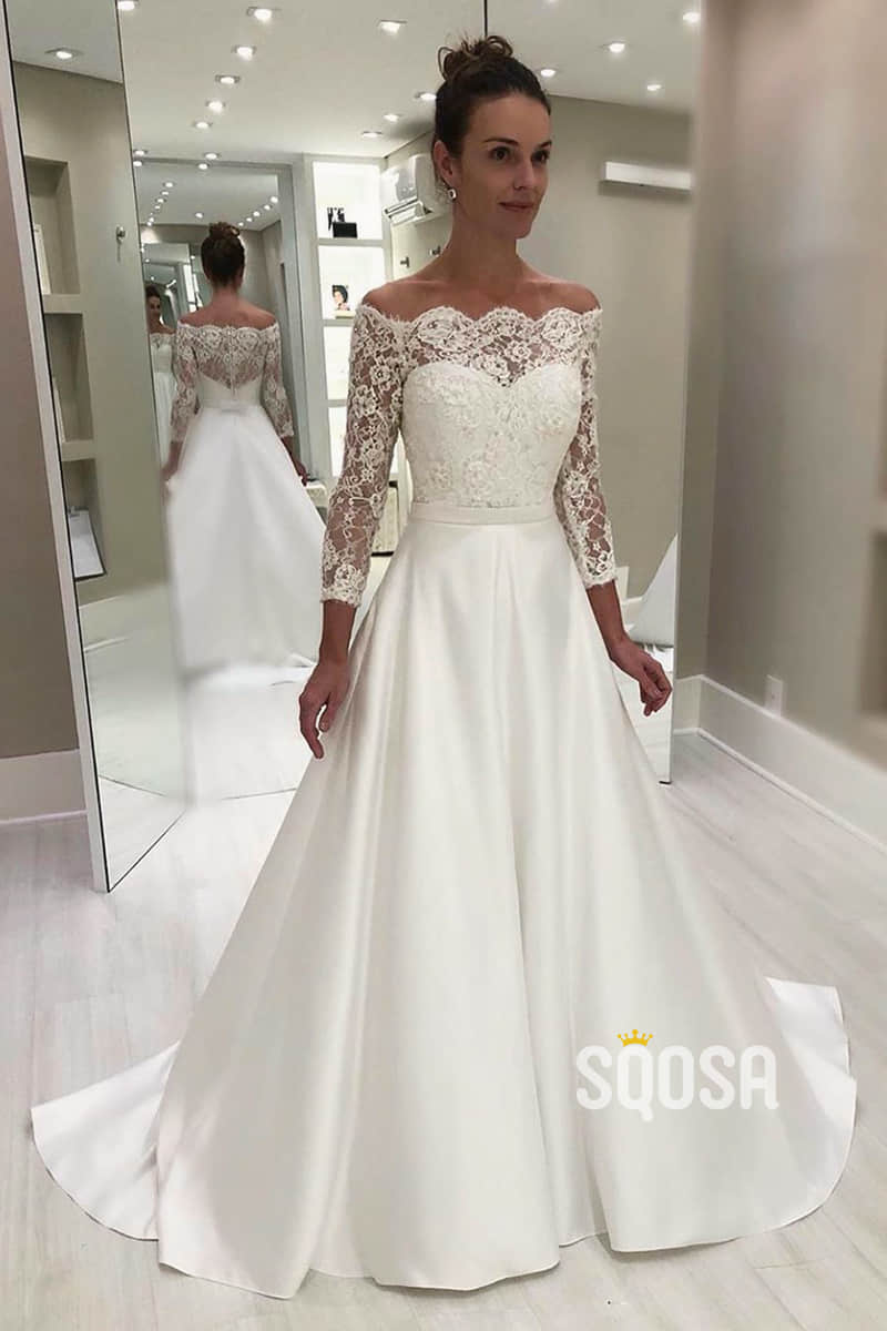 A-line Off-the-Shoulder Lace Long Sleeves Rustic Wedding Dress QW2266|SQOSA