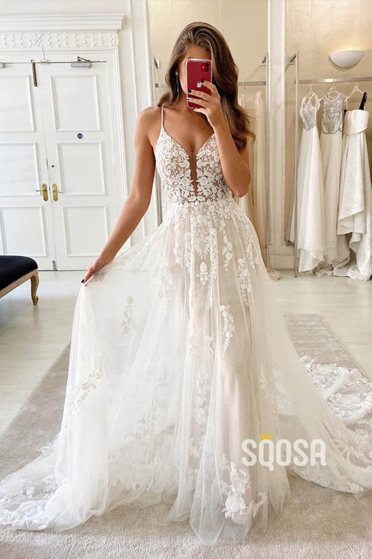 A-line Spaghetti Straps Exquisite Lace Bohemian Wedding Dress Bridal Gown QW2276|SQOSA