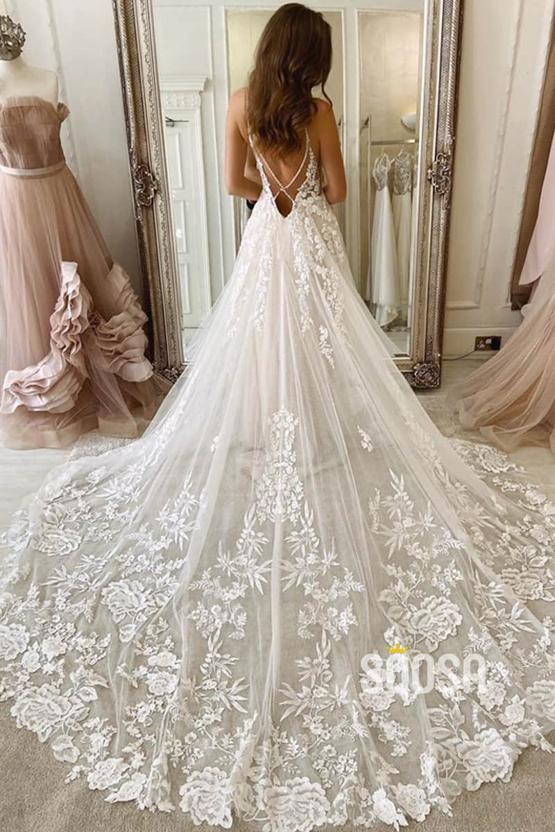 A-line Spaghetti Straps Exquisite Lace Bohemian Wedding Dress Bridal Gown QW2276|SQOSA