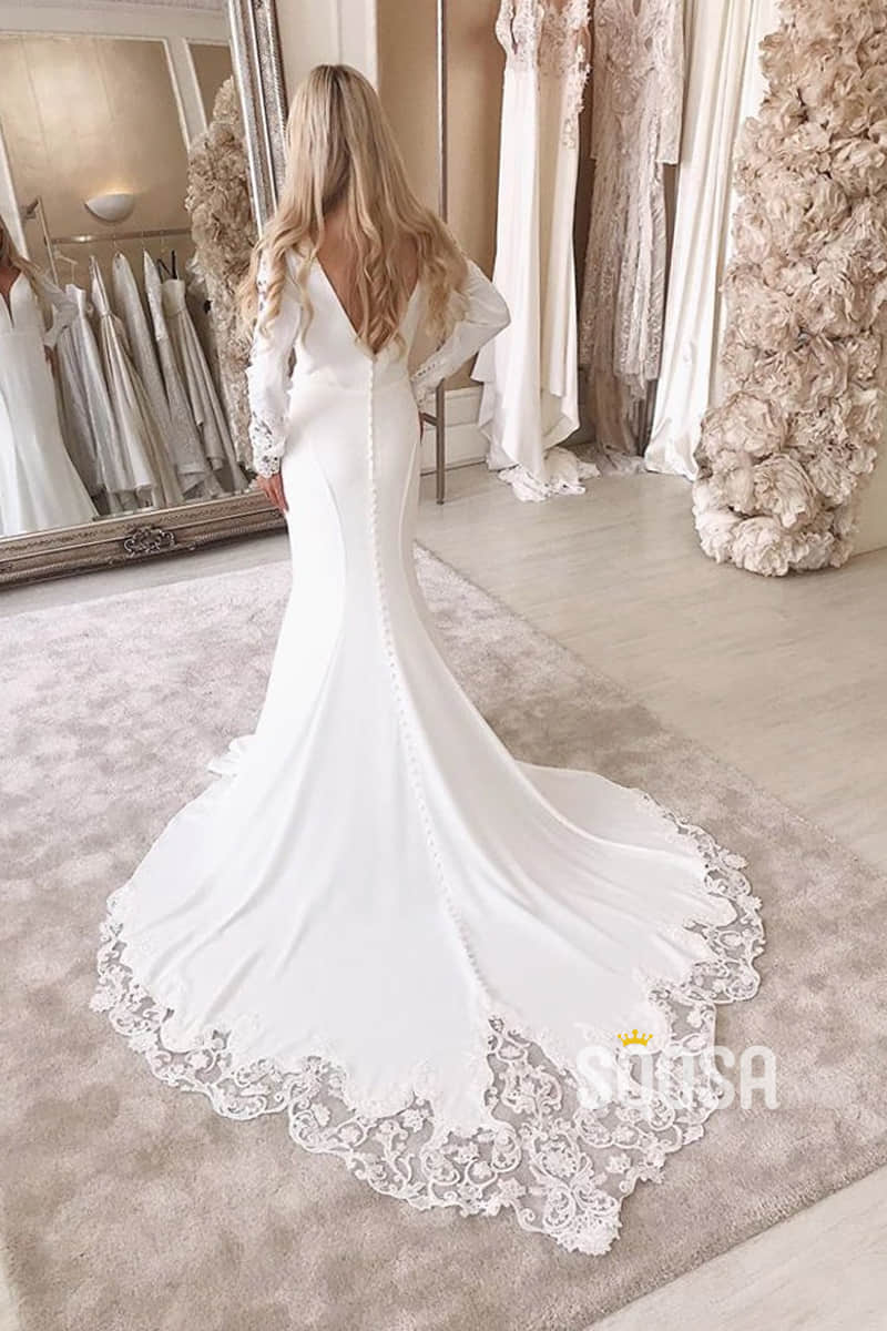 Mermaid/Trumpet Wedding Dress Attractive V-neck Long Sleeves Rustic Wedding Gown QW2278|SQOSA