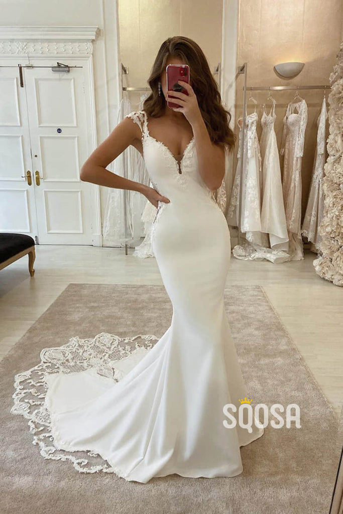 Mermaid/Trumpet Wedding Dress Cap Sleeves Bohemian Wedding Gowns QW2279|SQOSA