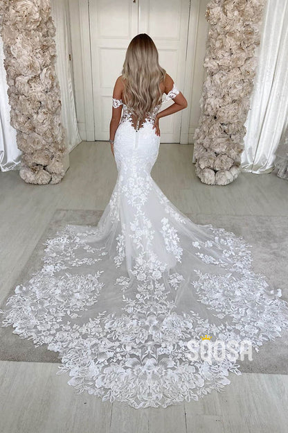 Mermaid/Trumpet Wedding Dress Chic Off-Shoulder Lace Wedding Gowns QW2296|SQOSA