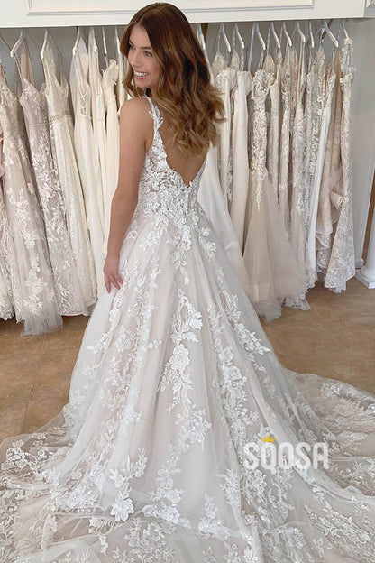 A-line V-neck Unique Appliques Lace Wedding Dress QW2297|SQOSA