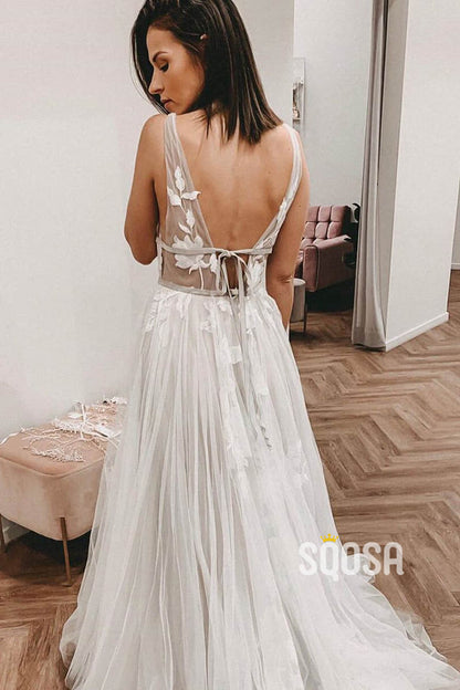 A-line Attractive V-neck Appliques Bohemian Wedding Dress QW2305|SQOSA
