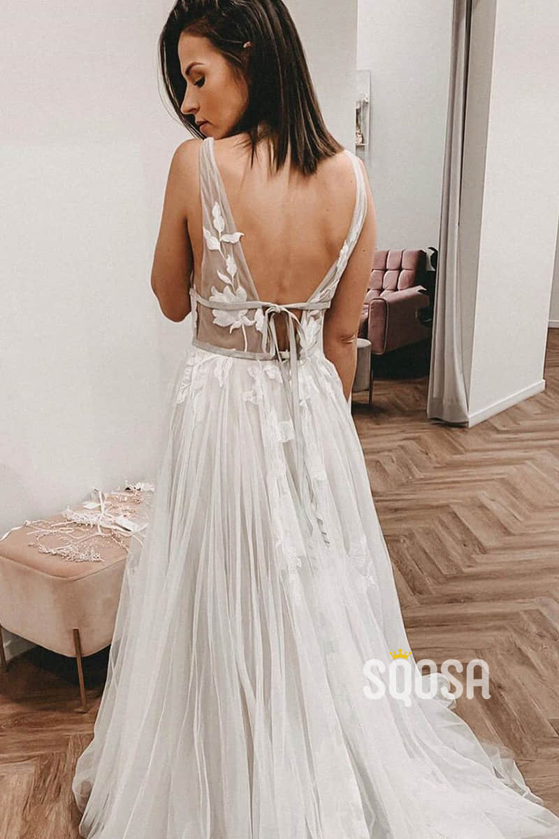 A-line Attractive V-neck Appliques Bohemian Wedding Dress QW2305|SQOSA
