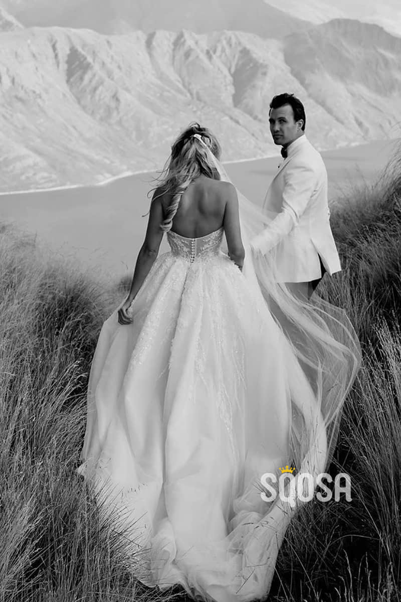 A-line Sweetheart Luxury Beaded Lace High Split Bohemian Wedding Dress QW2318|SQOSA