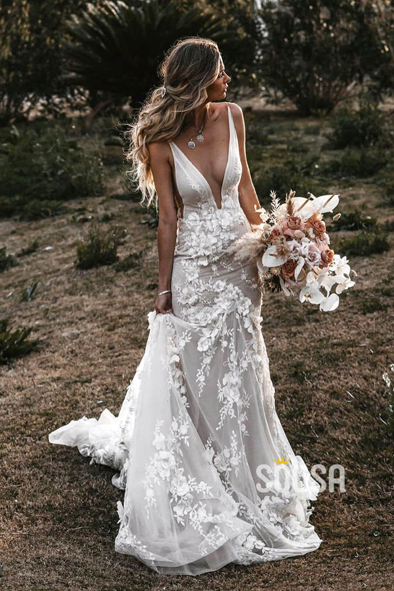 Mermaid Wedding Dress Attractive V-neck Appliques Bohemian Wedding Dress QW2319|SQOSA