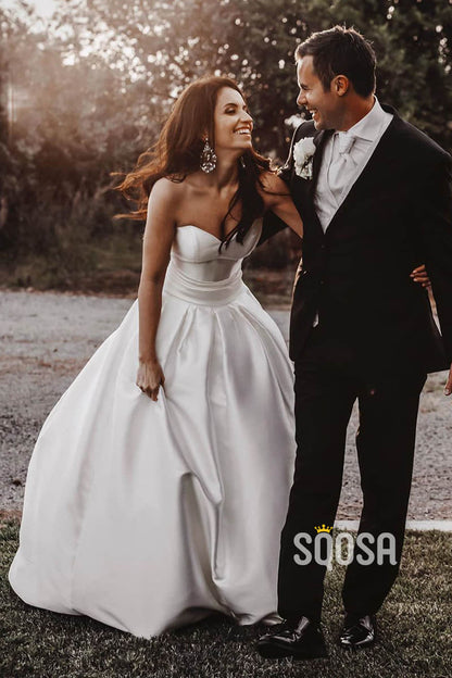 A-line Sweetheart Ivory Satin Rustic Wedding Dress Bridal Gown QW2320|SQOSA