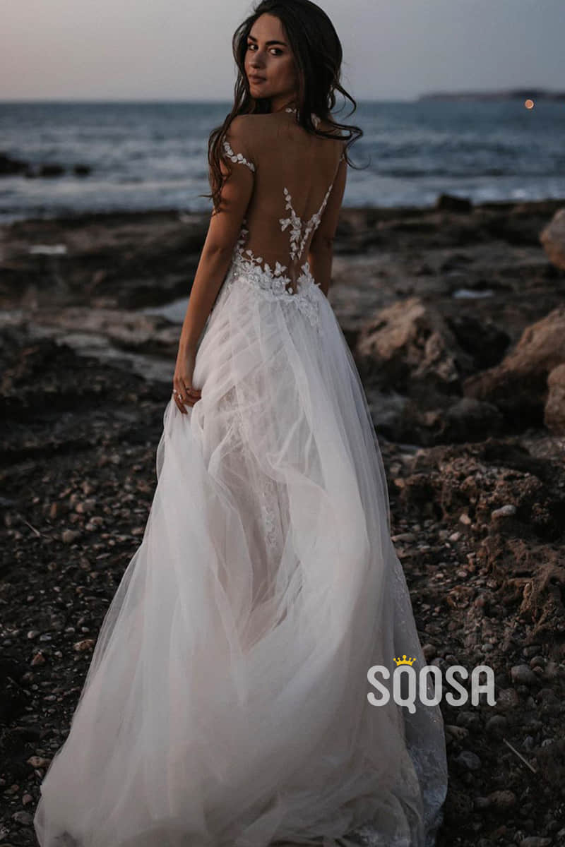 A-line Illusion Neckline Lace Bohemian Wedding Dress QW2321|SQOSA