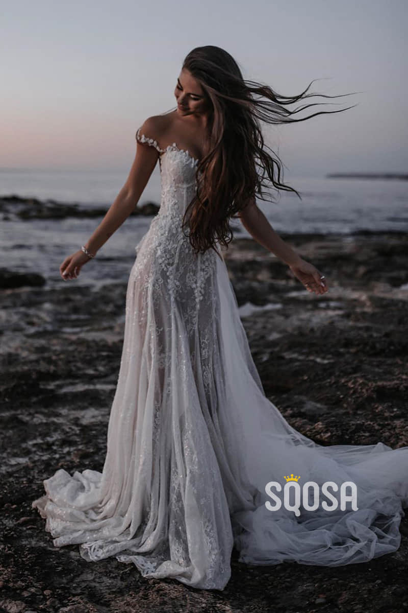 A-line Illusion Neckline Lace Bohemian Wedding Dress QW2321|SQOSA