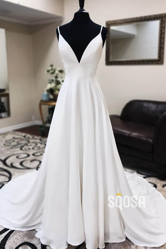 A-line Spaghetti Straps Lace Appliques Simple Wedding Dress QW2338|SQOSA